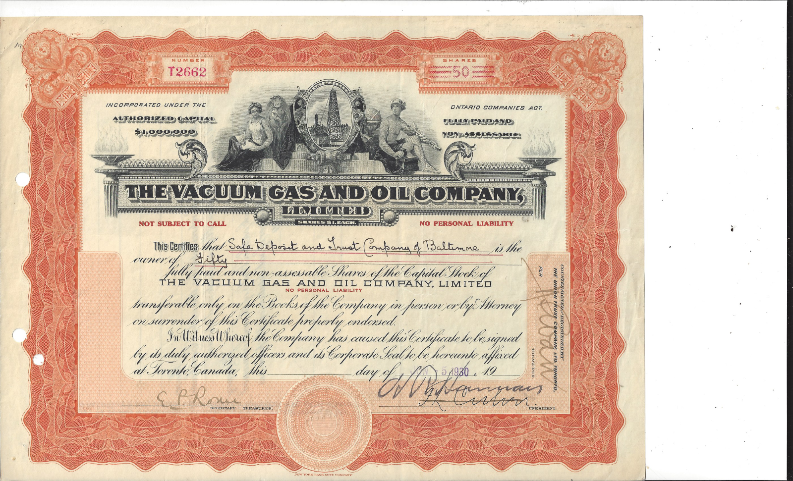 THE VACUUM GAS AND OIL COMPANY LIMITED (CANADA)...1930 STOCK CERTIFICATE