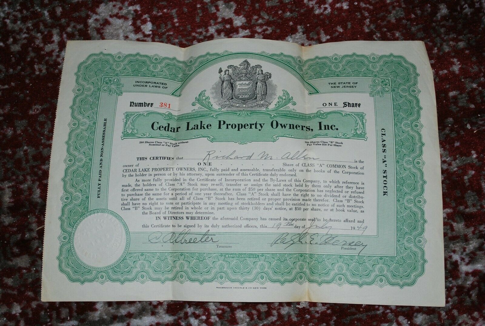 Stock Certificate, 1949 