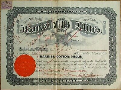Henderson, NC 1901 Stock Certificate: Harriet Cotton Mills - North Carolina
