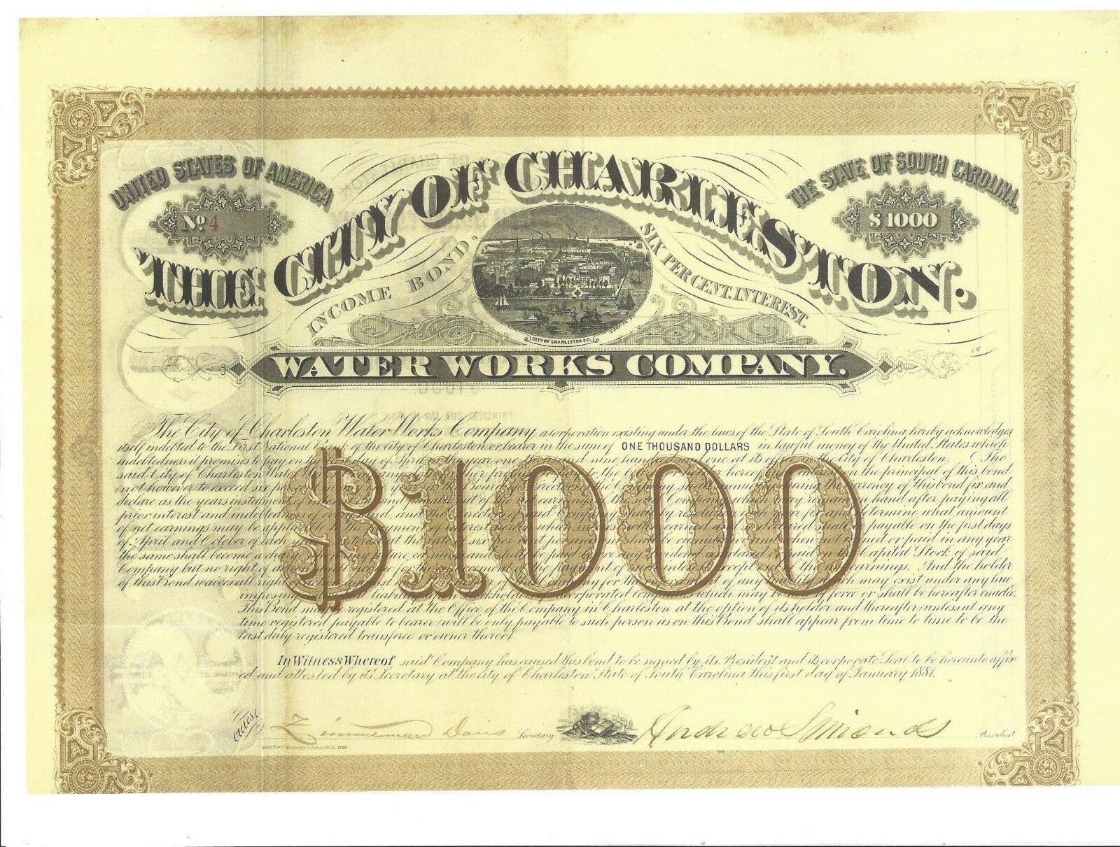 The City Of Charleston (sc) Water Works Co..........1881 Six Percent Income Bond