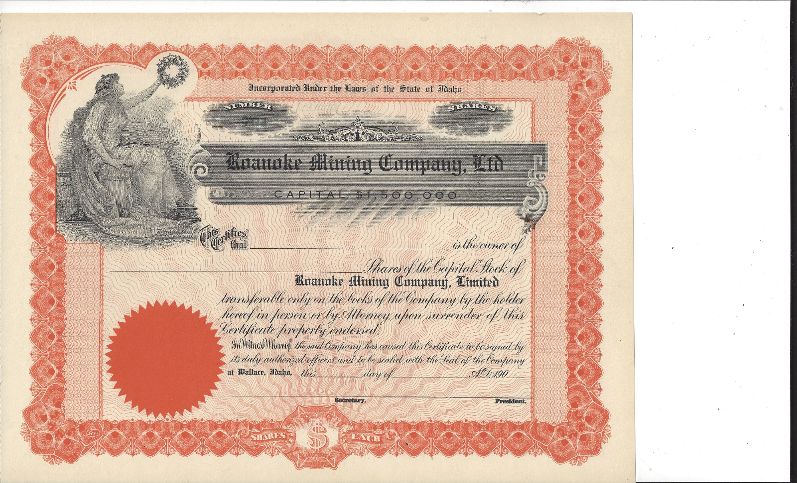 Roanoke Mining Company Ltd. ( Idaho)....early 1900's Common Stock Certificate