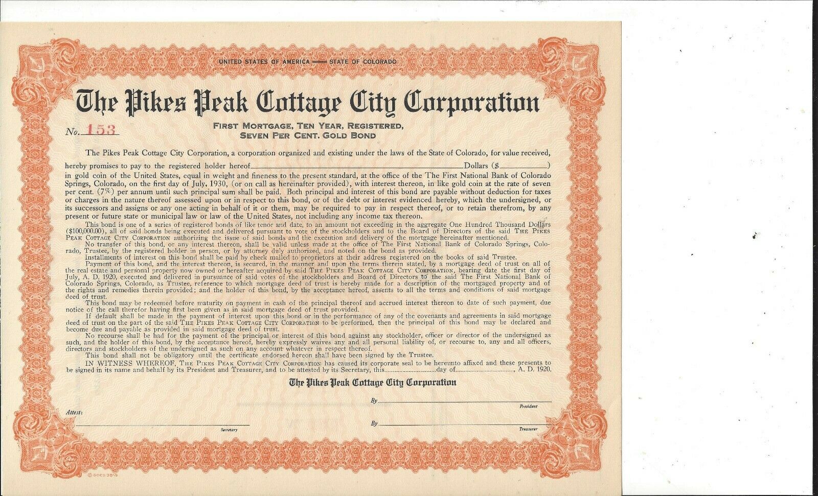 The Pikes Peak Cottage City Corp......1920 Unissued First Mortgage Certificate