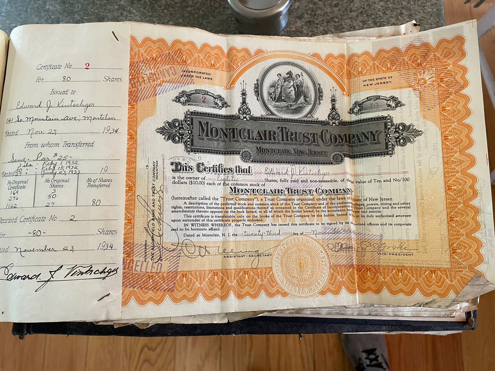 Montclair Trust Company Stock Certificate Book 1934