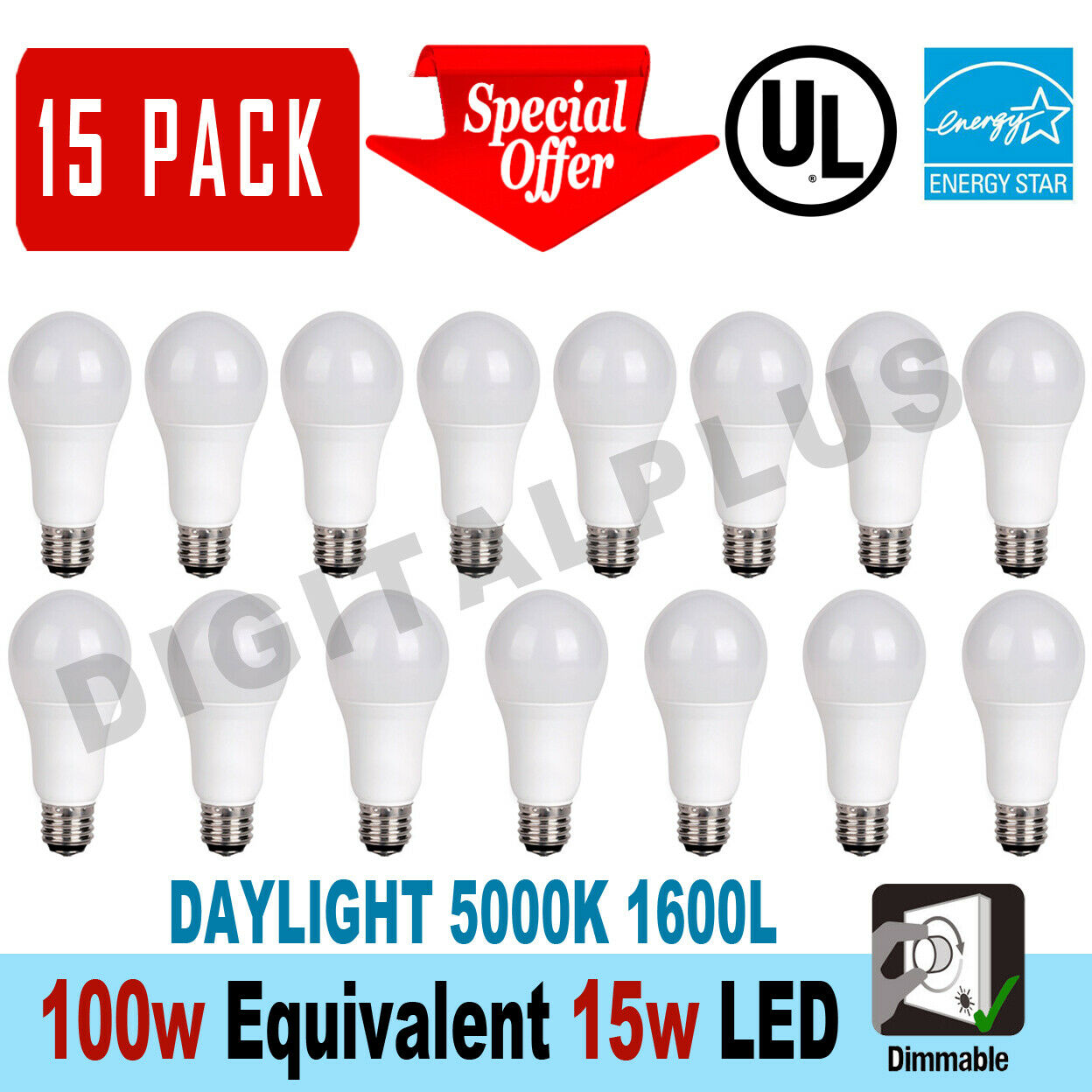 15 Led Light Bulbs 15w / 100w Replacement 1600l Daylight 5000k A19 Dimmable E26