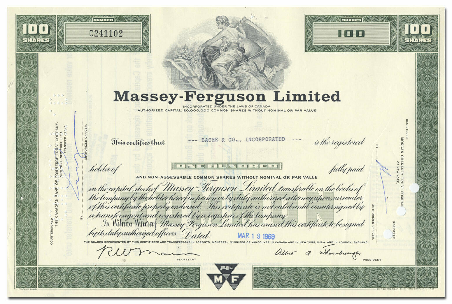 Massey-ferguson Limited Stock Certificate