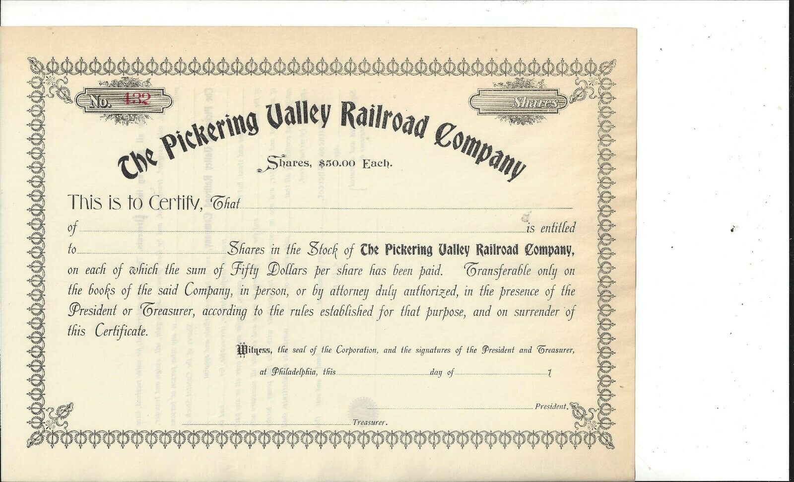 The Pickering Valley Railroad Company.....unissued Common Stock Certificate