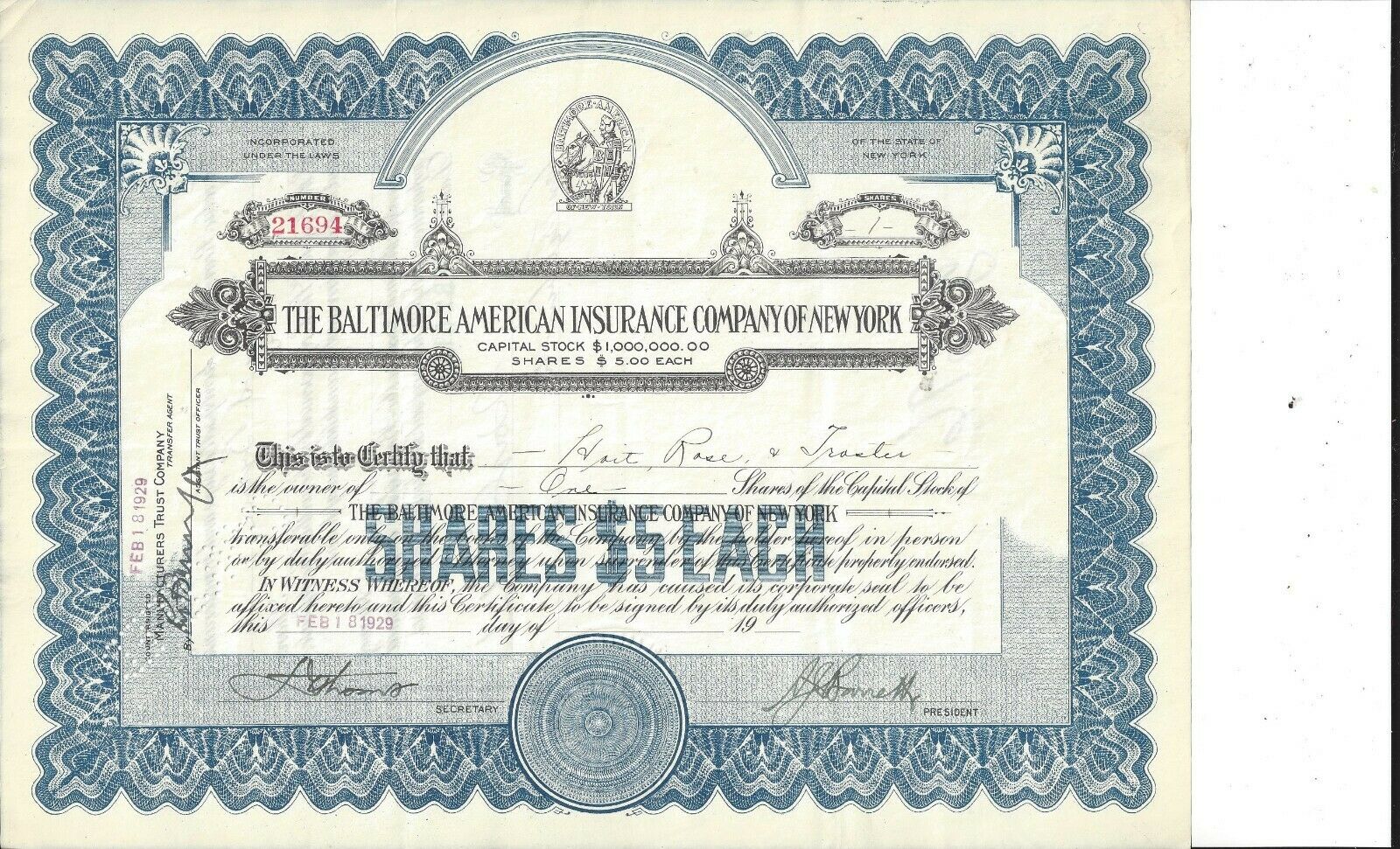 THE BALTIMORE AMERICAN INSURANCE COMPANY OF NEW YORK...1929 STOCK CERTIFICATE