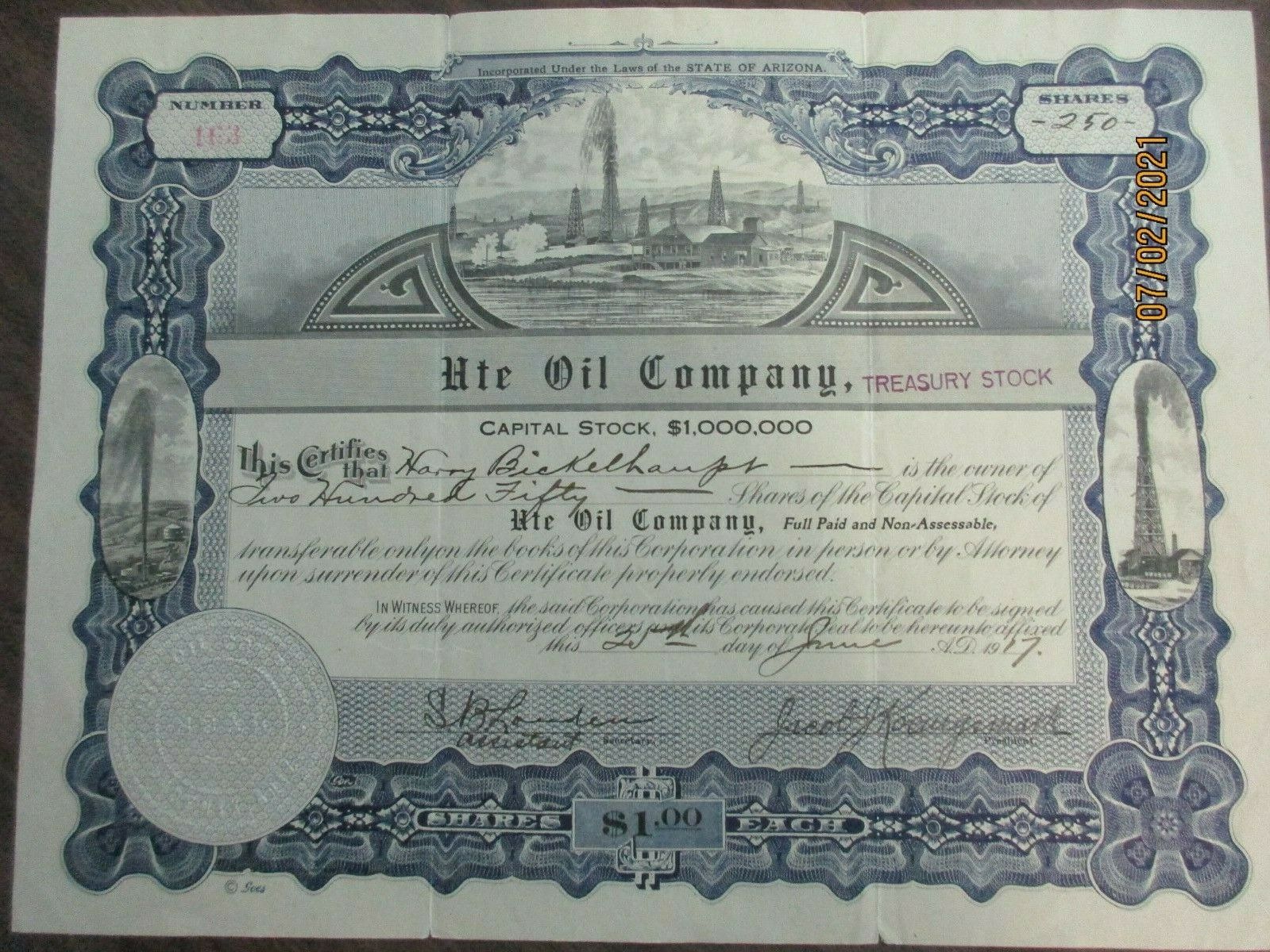 Ute Oil Treasury Stock Certificate, Waterloo Milk, Epsco Common Stk Certificates