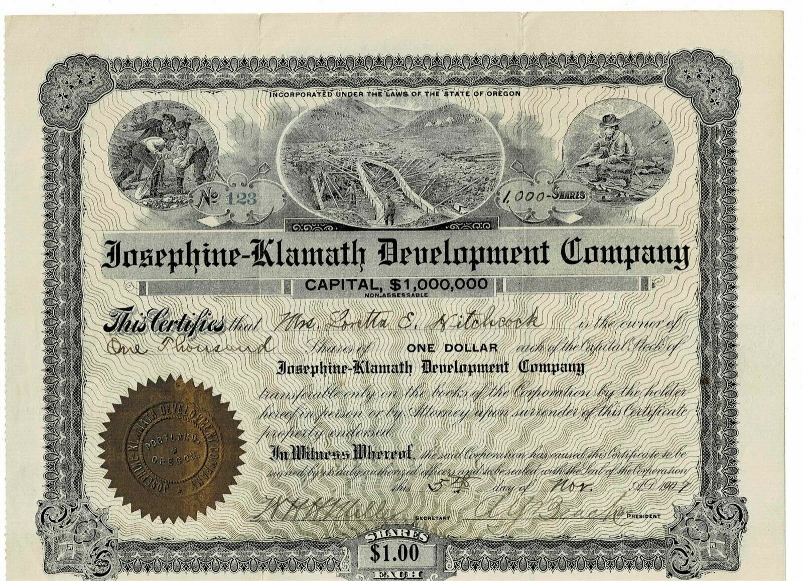 #123 Josephine-Klamath Development Company - Vintage Stock Certificate