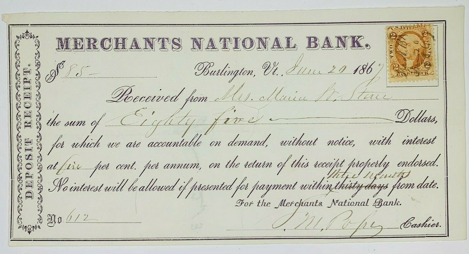 1867 Deposited Receipt from Merchants National Bank Burlington Vermont Stamped