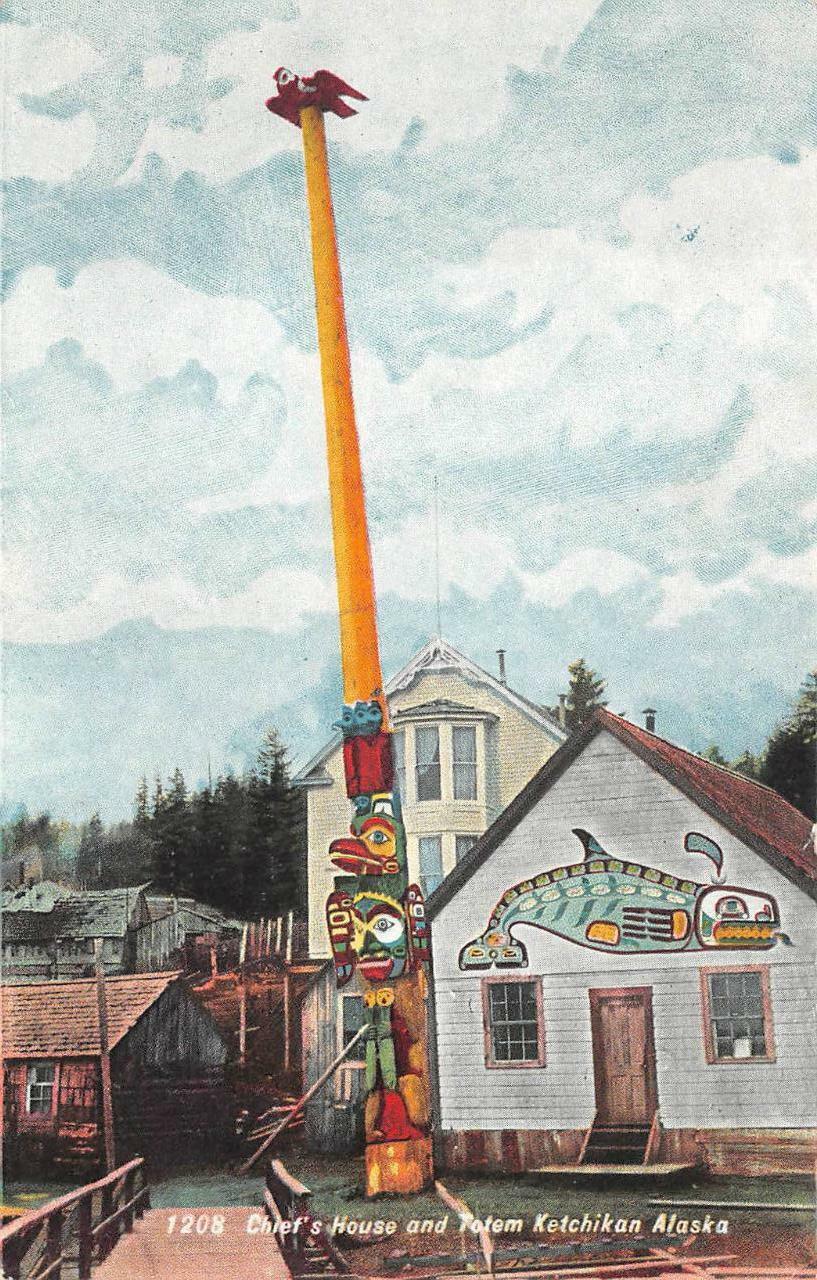 INDIAN CHIEF'S HOUSE & TOTEM KETCHIKAN ALASKA WHALE ART POSTCARD (c. 1910)