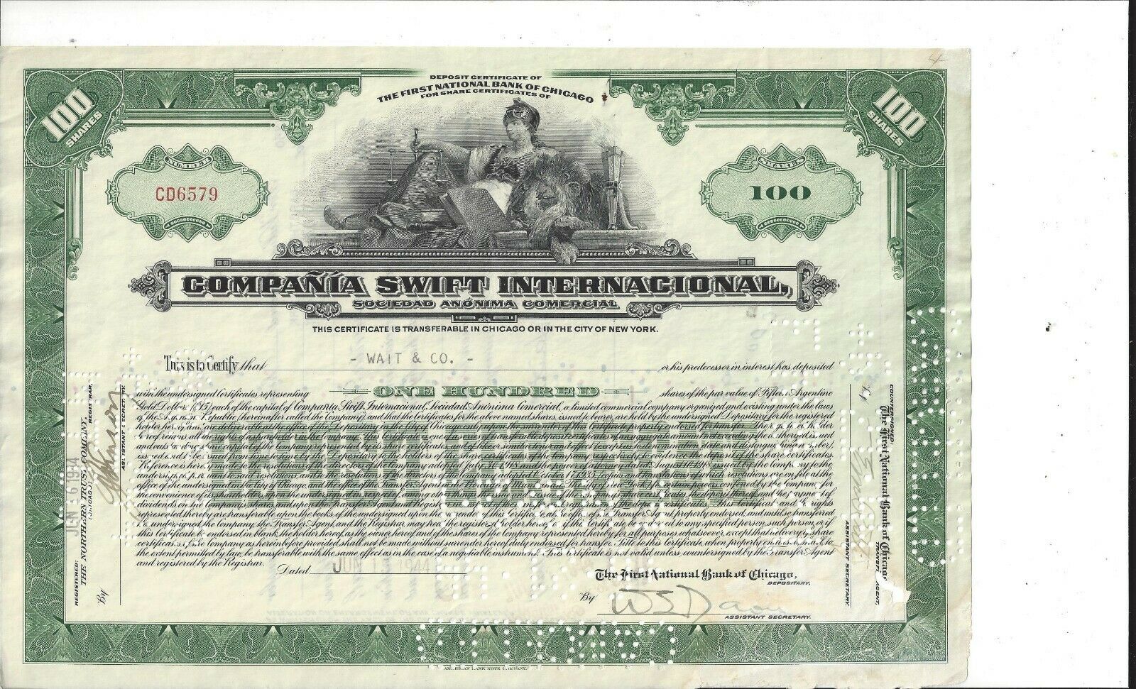 Compania Swift International......1944 Deposit Certificate