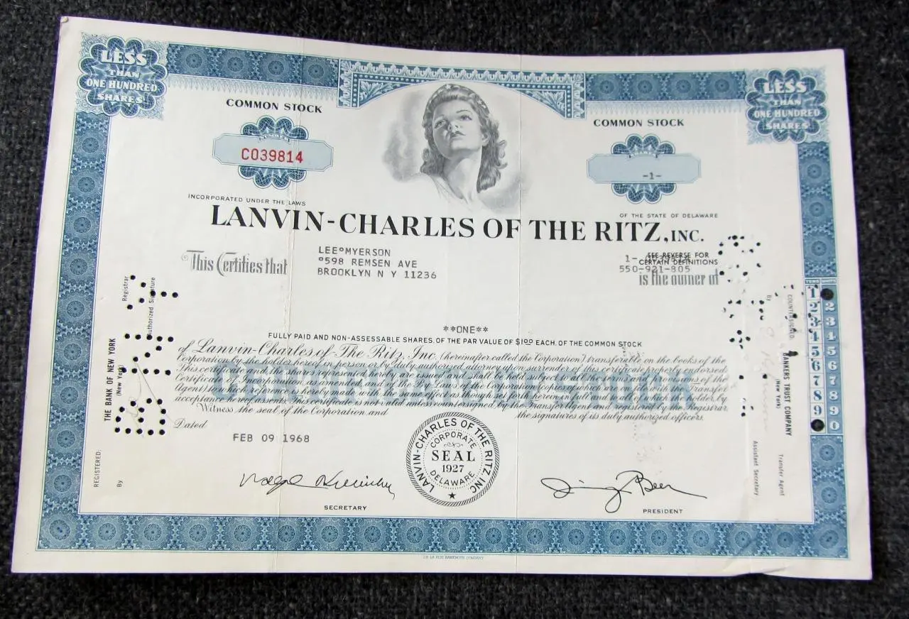 Perfume Co. Stock 1968 ****LANVIN - CHARLES OF THE RITZ - Old Stock Certificate