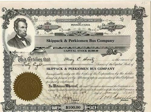 1927 Skippack and Perkiomen Bus Company Stock Certificate