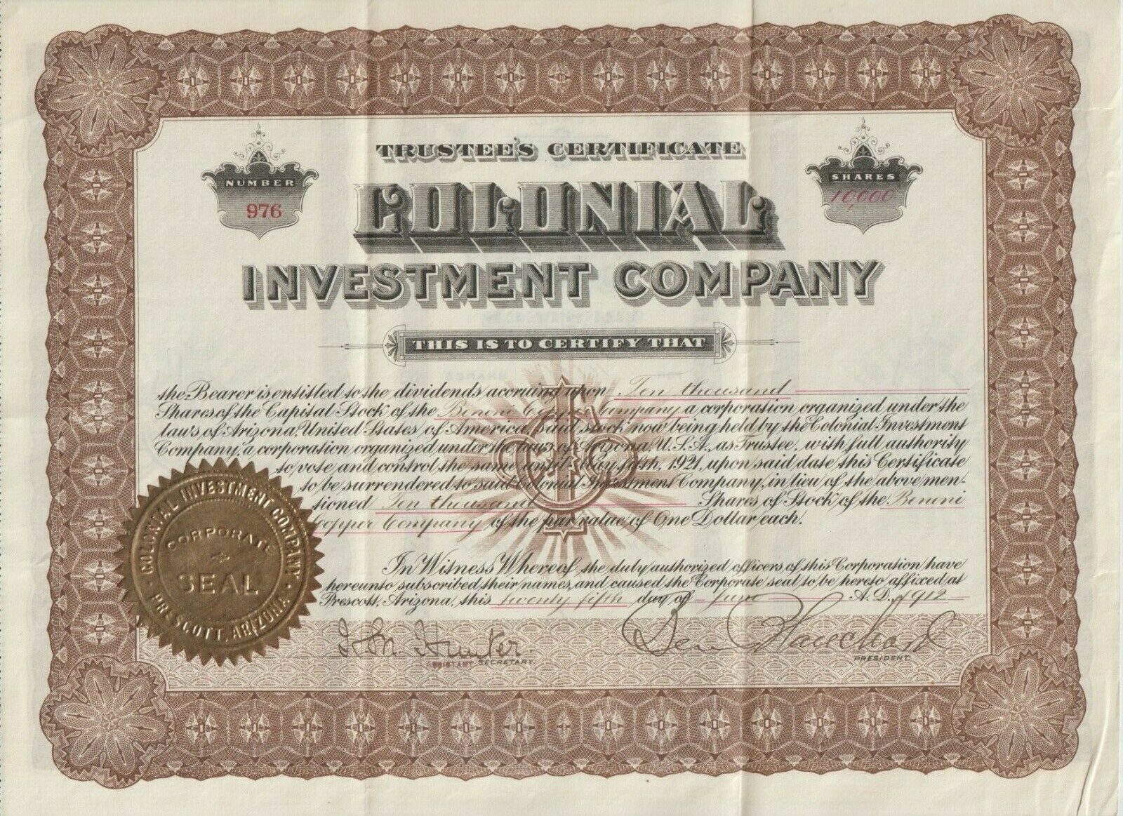1912 Colonial Investment Company Trustee's Certificate With Embossed Seal