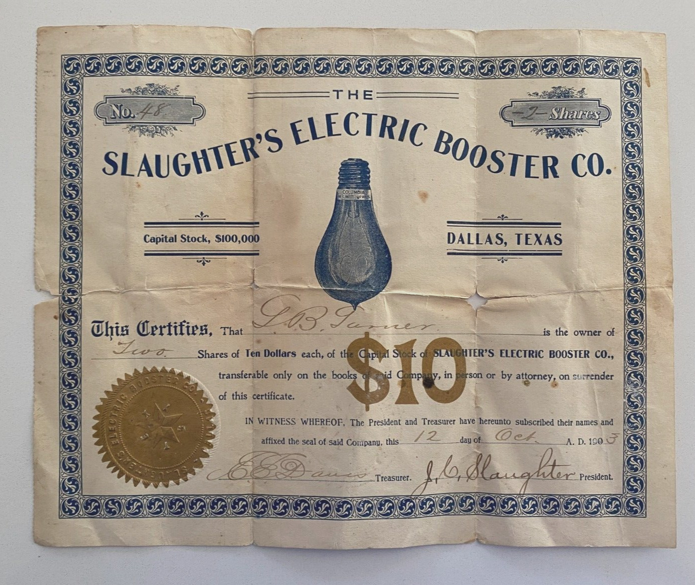 RARE 1903 DALLAS TX SLAUGHTER'S ELECTRIC BOOSTER CO. STOCK CERTIFICATE / SIGNED