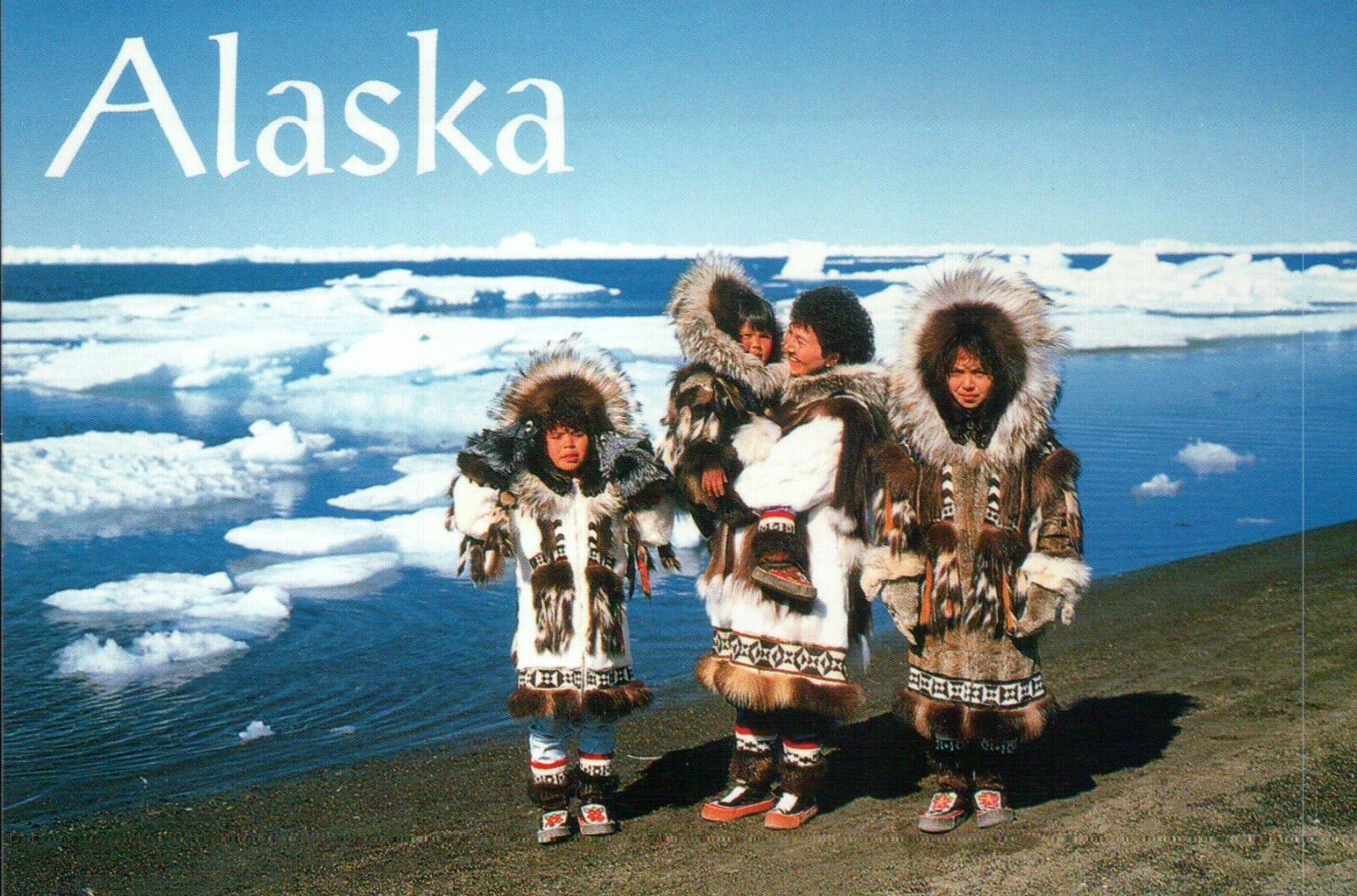 Eskimo Mother & Girls in Northern Alaska, Native American AK, Fur Wear, Postcard