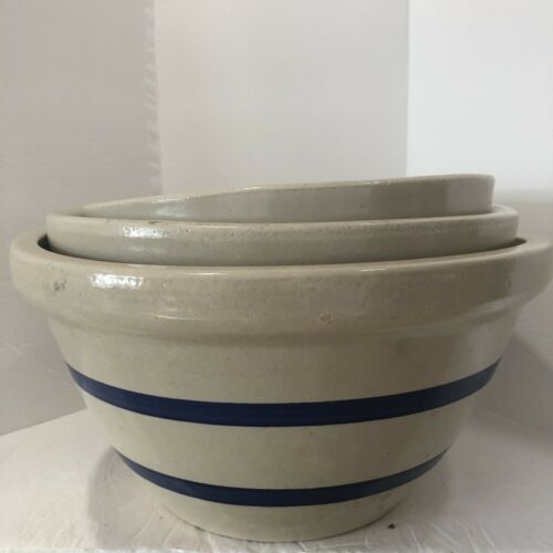 Roseville Blue Stripe Vintage Mixing Bowl Set 3