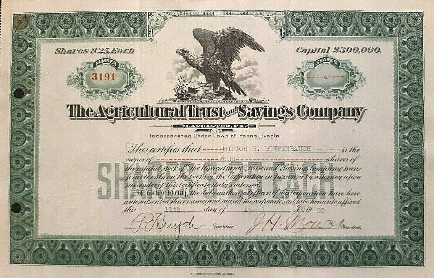 Agricultural Trust And Savings Company - 4 Shares 1928 Stock Certificate - Rare!