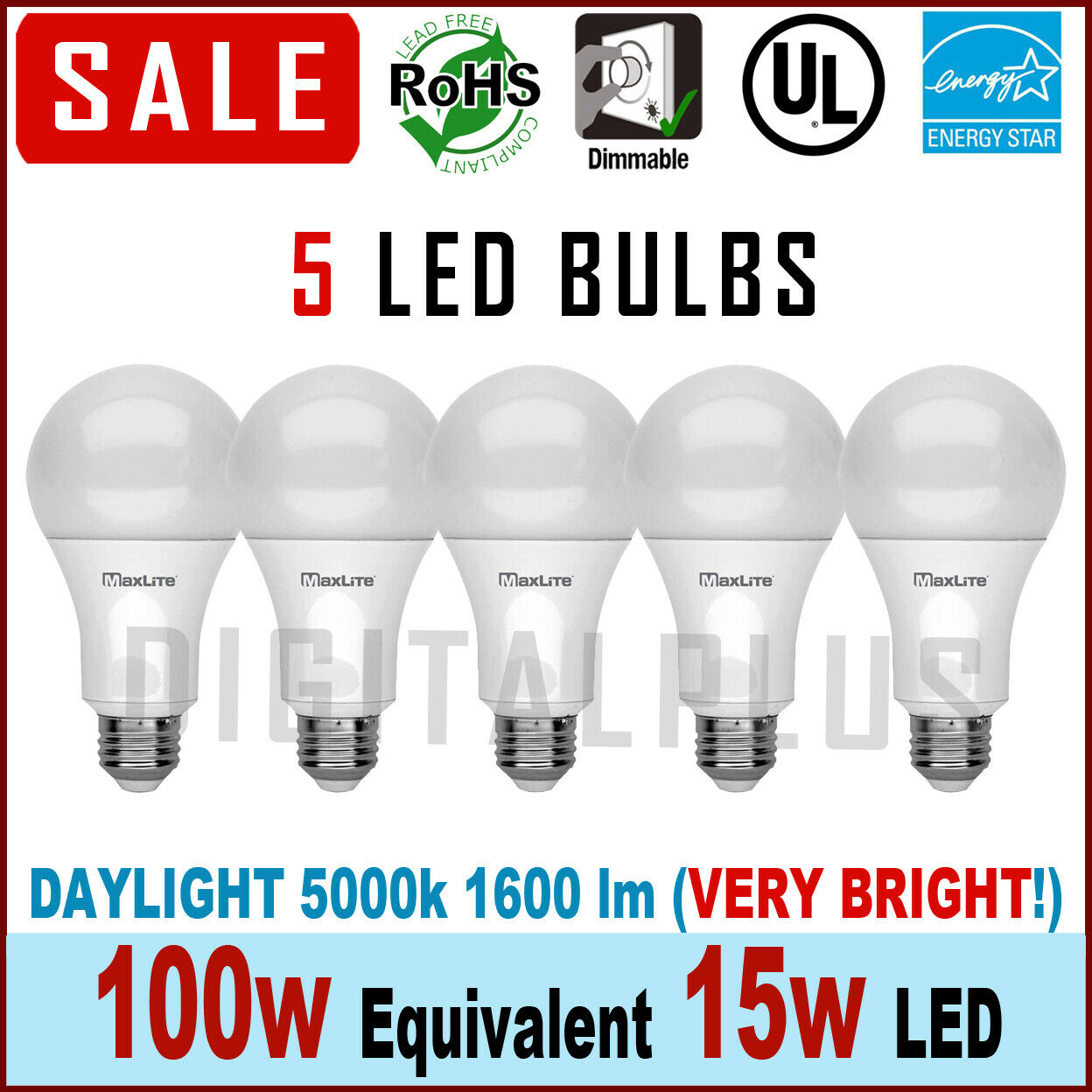 Maxlite Led Light Bulbs Daylight Dimmable 15watt 100 Watt Equivalent 5000k Qty 5