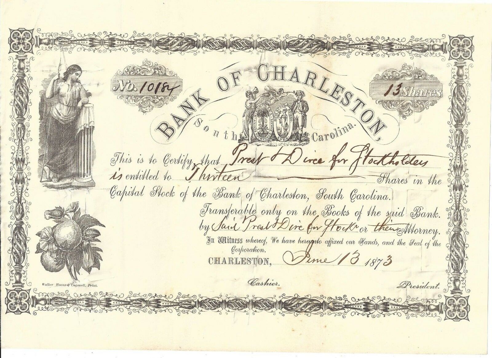 Bank Of Charleston.......1873 Common Stock Certificate