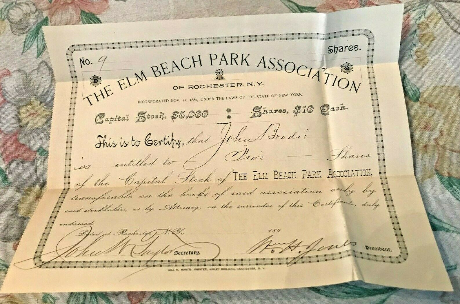 1890 Stock Certificate The Elm Beach Park Association, Rochester Ny, John Brodie