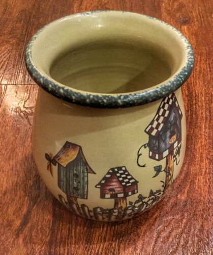 Blue Spongeware Spatterware Ceramic Crock Pottery - Birdhouse - Handmade In USA