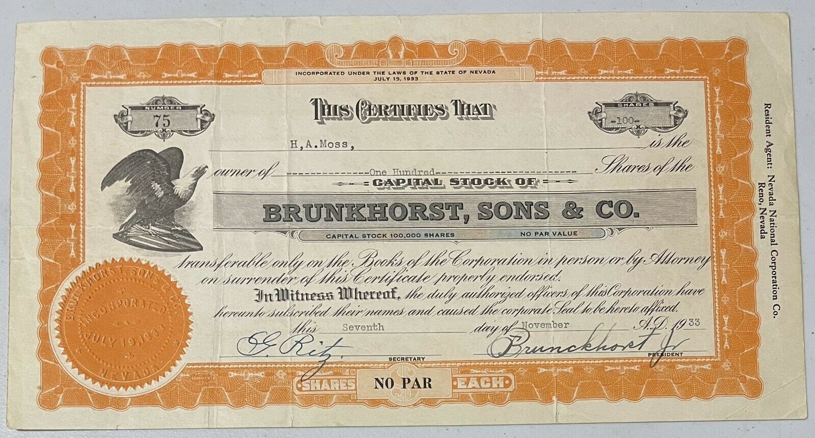 1933 BRUNKHORST, SONS & CO. Stock Certificate NEVADA
