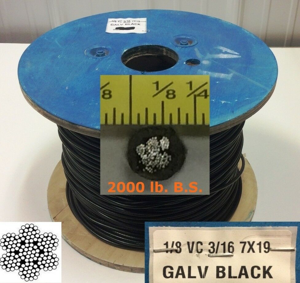 Vinyl Coated Steel Aircraft Cable Wire Rope 50 Ft 1/8" Vc 3/16" 7x19 Black