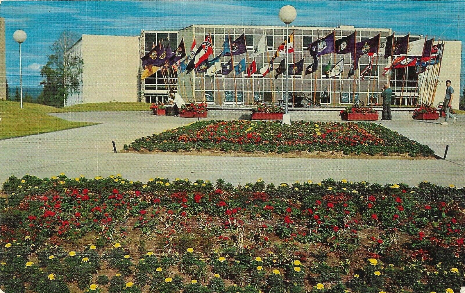 Vintage Alaska Chrome Postcard University College Duckering Building Flags