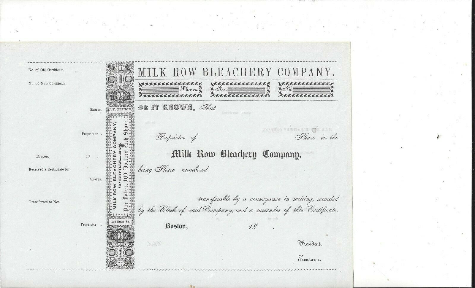 MILK ROW BLEACHERY COMPANY...(SOMERVILLE MA)...1800's UNISSUDE STOCK CERTIFICATE